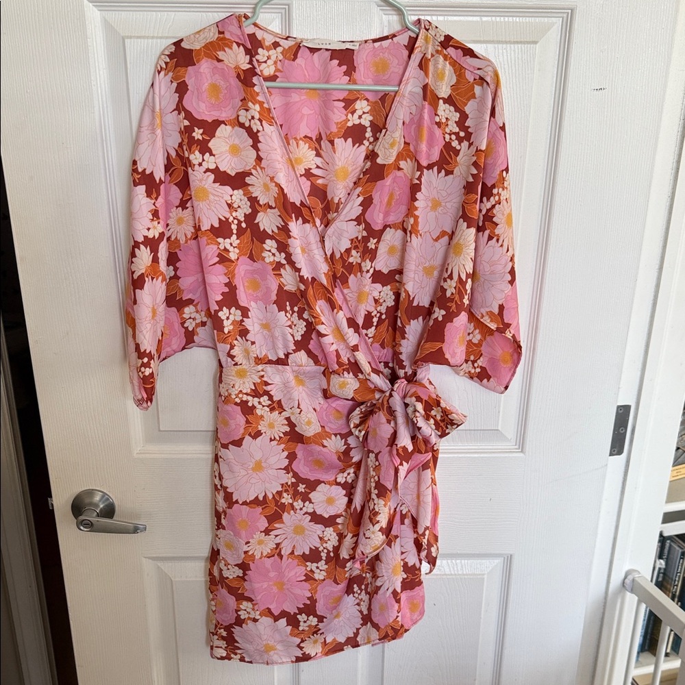 Lush Pink and Orange floral wrap dress